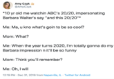 Amy Czyk @AmyiCzyk *10 yr old me watchin ABC's 20/20, impersonating Barbara Walter's say "and this 20/20"* Me: Ma, u kno what's goin to be so cool? Mom: What? Me: When the year turns 2020, I'm totally gonna do my Barbara impression n it'll be so funny Mom: Think you'll remember? Me: Oh, I will 12:19 PM · Dec 31, 2019 from Naperville, IL · Twitter for Android