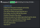 Anonymous (ID: V65P4SAU) E 09/19/19(Thu)21:35:32 No.227143184 >>227109172 (OP) >suddenly tens of thousands of neckbeards rush the facility >confusingly, no sign of personnel anywhere >They reach the buildings and begin tearing their way in >Every building, every level is filled with filing cabinets >Hundreds of thousands of filing cabinets >Confused and weirded out, the redditors begin leafing through the cabinets. >Every document. In every filing cabinet. One phrase, repeated. >Some appear to be dated from as far back as 1941 >The same ominous phrase >"Bush did 9/11"