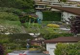 house covered in flowers and greenery captured on google maps street view a man in gardening clothes and gloves watering the plants