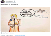tweet by realmattcouch wow this is powerful... drawing of michelle willaims giving her golden globes acceptance speech while holding a trophy while a baby with a halo watches from a cloud asking "was it worth it mommy"