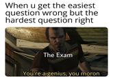 When you get the easiest question wrong but the hardest question right: the exam: you're a genius you moron. trevor gta v grand theft auto