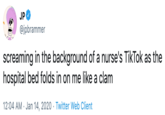 JP @jpbrammer screaming in the background of a nurse's TikTok as the hospital bed folds in on me like a clam 12:04 AM · Jan 14, 2020 · Twitter Web Client