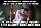 WHEN MARIO AND POKEMON HAVE MORE CHARACTERS STAGES AND SPIRITS ETC IN SMASH AND NO ONE BATS AN EYE BUT WHEN A NEW FIRE EMBLEM CHARACTER GETS IN SMASH EVERYONE LOSES THEIR MINDS imgflip.com