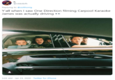 n. @nikkitbfh Replying to @zolihonig Y'all when I saw One Direction filming Carpool Karaoke James was actually driving 3:03 AM Jan 23, 2020 · Twitter for iPhone
