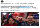 Christin Isobel @christinisobel Pictured below at a Trump rally: Pete Lúcido of Michigan - a retired attorney, former State Rep, and current State Senator whose ambition is to be governor on a platform of #whitemalerage. In the foreground is Michigan State Supreme Court Justice and enabler, David Viviano. RICA RIC KE 7:40 AM - Jan 26, 2020 · Twitter for IPad