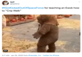 #IGotKickedOutOfSpaceForce for teaching an Ewok how to “Crip Walk” Neff @Neff213 #IGotKickedOutOfSpaceForce for teaching an Ewok how to "Crip Walk" GIF 2:11 AM · Jan 25, 2020 from Riverside, CA · Twitter for iPhone