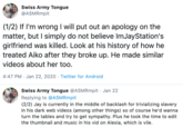 Swiss Army Tongue @ASMRmpit · Jan 22 (1/2) If I'm wrong I will put out an apology on the matter, but I simply do not believe ImJayStation's girlfriend was killed. Look at his history of how he treated Aiko after they broke up. He made similar videos about