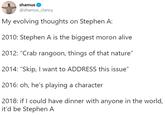shamus @shamus_clancy My evolving thoughts on Stephen A: 2010: Stephen A is the biggest moron alive 2012: "Crab rangoon, things of that nature" 2014: "Skip, I want to ADDRESS this issue" 2016: oh, he's playing a character 2018: if I could have dinner with anyone in the world, it'd be Stephen A