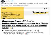 Ed Zitron @edzitron Introducing Knewz - bringing you the most news with the most font sizes, guaranteed knewz Top Story: BETA CORONAVIRUS CRISIS SEE FULL COVERAGE Coronavirus: China's infections outnumber its Sars cases as Russia joins vaccine race I • Coronavirus: Australia and UK to quarantine citizens repatriated from Wuhan for 14 days CNBC
