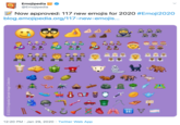 Emojipedia @Emojipedia Now approved: 117 new emojis for 2020 #Emoji2020 blog.emojipedia.org/117-new-emojis... 12:20 PM · Jan 29, 2020 · Twitter Web App © 2020 Emojipedia Sample Image Collection