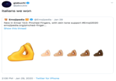 giabuchi O @jaboukie italians we won @Emojipedia · Jan 29 O Emojipedia New in Emoji 13.0: Pinched Fingers, with skin tone support #Emoji2020 emojipedia.org/pinched-finger... Show this thread 2:08 PM · Jan 29, 2020 · Twitter for iPhone