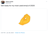 Alana Louise @alanady Get ready for my most used emoji of 2020 2:07 PM · Jan 29, 2020 · Twitter for iPhone