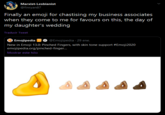 Marxist-Lesbianist @finryan87 Finally an emoji for chastising my business associates when they come to me for favours on this, the day of my daughter's wedding Traducir Tweet @Emojipedia · 29 ene. Emojipedia New in Emoji 13.0: Pinched Fingers, with skin tone support #Emoji2020 emojipedia.org/pinched-finger. Mostrar este hilo