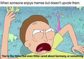 When someone enjoys memes but doesn't upvote them. nur You're like Hitler, but even Hitler cared about Germany, or something