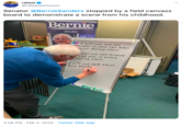 rafael O @rafaelshimunov Senator @BernieSanders stopped by a field canvass board to demonstrate a scene from his childhood. Bernie 2020 Irtegrity 0G Iwill mot tell the tencher to join the laber nien dering elace. will met tell friende hat war is ereng daring elass. I will net talk about how banke 3:06 PM · Feb 2, 2020 - Twitter Web App