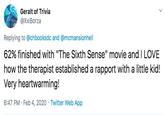 Geralt of Trivia @XxiBorza Replying to @chbooksdc and @mcmansionhell 62% finished with "The Sixth Sense" movie and I LOVE how the therapist established a rapport with a little kid! Very heartwarming! 6:47 PM · Feb 4, 2020 · Twitter Web App