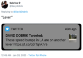 Sabrina * @Sexydobrik Replying to @DavidDobrik "Lever" 49m ago TWITTER DAVID DOBRIK Tweeted: These speed bumps in LA are on another lever https://t.co/q6ITqnKhre 12:49 AM · Jan 28, 2020 · Twitter for iPhone