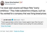 Connor Wroe Southard @ConnorSouthard I've never seen anyone call Mayor Pete "overly ambitious." They make substantive critiques, such as: You worked for a company that was fixing bread prices Joe Bernstein @Bernstein · Feb 4 There's approximately a billion lines of attack against mayor Pete that don't involve ivy grads with massive follower counts calling him overly ambitious Show this thread 2:41 AM · Feb 5, 2020 · Twitter for iPhone