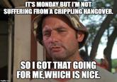 ITS MONDAY BUT I'M NOT SUFFERING FROM A CRIPPLING HANGOVER. SOI GOT THAT GOING FOR ME,WHICH IS NICE. imgfilip.com Photo caption Internet meme Human