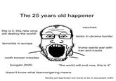 The 25 years old happener vaccines this is it, this new virus will destroy the world! tanks in ukraine border terrorists in europe trump wants war with iran and russia north korean missiles boogalo 2020 "the world will end now, this is it" doesn't know what fearmongering means literally just depressed and wants to die or see people suffer Face Text Facial expression Jaw Head Nose Font Mouth Human