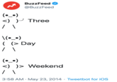 BuzzFeed @BuzzFeed (•_•) <) )P Three \(^_•) ( (> Day (•_•) <) )> Weekend 3:58 AM · May 23, 2014 · Tweetbot for iOS