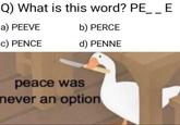 Q) What is this word? PE_ _ E a) PEEVE b) PERCE c) PENCE d) PENNE peace was never an option