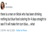 @molllieblu there is a man on tiktok who has been drinking nothing but blue food coloring for 4 days straight to see if it will make him turn blue.... what 2:33 PM · Feb 15, 2020 · Twitter for iPhone