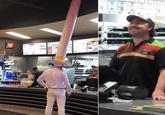 Template meme for Doug Dimmadome with man ordering Burger King with giant tall hat and server looking on with smile and admiration 