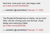 Next time, more punk rock, less happy meal. pic.twitter.com/M1×HUWAOQJ - robliefeld (@robertliefeld) February 17, 2020 The Ronald McDonald look on Harley, not so much. Stick with the winning punk rock formula. Visual design and costuming matter. pic.twitter.com/eoZdOz58tj - robliefeld (@robertliefeld) February 17, 2020