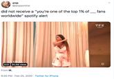 anja @anjasonline fans did not receive a "you're one of the top 1% of worldwide" spotify alert TFX INEDIT 0:01 34.4M views From M. 6:00 PM · Feb 25, 2020 · Twitter for iPhone