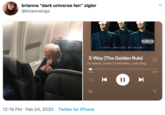 brianna "dark universe fan" zigler @briannazigs ADVISORY EIPLICIT CONTENT тHE WACK ALBUM 3-Way (The Golden Rule) ely Island, Justin Timberlake, Lady Gaga 0:04 -2:47 12:16 PM · Feb 24, 2020 · Twitter for iPhone <>