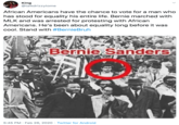 King @talkdrizzytome African Americans have the chance to vote for a man who has stood for equality his entire life. Bernie marched with MLK and was arrested for protesting with African Americans. He's been about equality long before it was cool. Stand with #BernieBruh Bernie Sanders 5:45 PM · Feb 26, 2020 · Twitter for Android