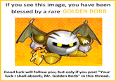 If you see this image, you have been blessed by a rare GOLDEN BORB Good luck will follow you, but only if you post "Your luck I shall absorb, Mr. Golden Borb" in this thread.