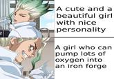 A cute and a beautiful girl with nice personality A girl who can pump lots of oxygen into an iron forge