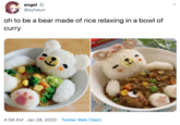 angel @sylveun oh to be a bear made of rice relaxing in a bowl of curry 4:58 AM · Jan 28, 2020 · Twitter Web Client