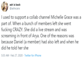 ash is back @ashxcara I used to support a collab channel Michelle Grace was a part of. When a bunch of members left she went f------ CRAZY. She did a live stream and was screaming in front of Arya. One of the reasons was because Daniel (a member) had also left and when he did he told her she 5:55 AM - Feb 27, 2020 · Twitter for iPhone