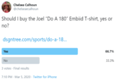 Chelsea Calhoun @chelseaecalhoun Should I buy the Joel "Do A 180" Embiid T-shirt, yes or no? dsgntree.com/sports/do-a-18.. Yes 66.7% No 33.3% 3 votes · Final results 7:10 PM - Mar 5, 2020 - Twitter for iPhone