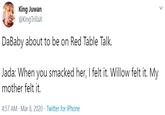 King Juwan @King Trillax DaBaby about to be on Red Table Talk. Jada: When you smacked her, I felt it. Willow felt it. My mother felt it. 4:57 AM · Mar 8, 2020 · Twitter for iPhone