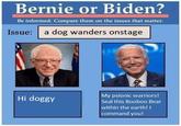 Bernie or Biden? Be informed. Compare them on the issues that matter. Issue: a dog wanders onstage My psionic warriors! Hi doggy Seal this Booboo Bear within the earth! I command you!