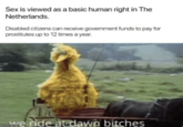 Sex is viewed as a basic human right in The Netherlands. Disabled citizens can receive government funds to pay for prostitutes up to 12 times a year. e ride atdawn bitches