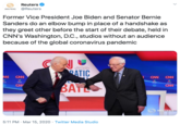Reuters REUTERS @Reuters Former Vice President Joe Biden and Senator Bernie Sanders do an elbow bump in place of a handshake as they greet other before the start of their debate, held in CNN's Washington, D.C., studios without an audience because of the global coronavirus pandemic NOTICIAS univIsion RATIC CNN CN CNN ВATЬ CNN CNN REUTERS 5:11 PM · Mar 15, 2020 · Twitter Media Studio