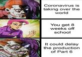 At least we get more drawings from the oingo boingo guy | /r/ShitPostCrusaders/ Coronavirus is taking over the world You get 8 weeks off school pimaghost It could delay the production of Part 6