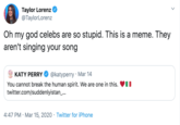 Taylor Lorenz @TaylorLorenz Oh my god celebs are so stupid. This is a meme. They aren't singing your song KATY PERRY @katyperry · Mar 14 You cannot break the human spirit. We are one in this. V twitter.com/suddenlyistan. 4:47 PM · Mar 15, 2020 · Twitter for iPhone