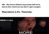 Me: We have fifteen seconds left let's leave the vault so we don't get caught Random LVL Twenty: 00000000 MORE