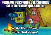 P--- AUTHORS WHEN STEPSIBLINGS GO INTO FAMILIY QUARANTINE Write that down, write that down! imgflip.com
