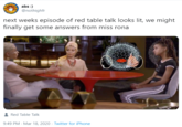 abs :) @nothighfr next weeks episode of red table talk looks lit, we might finally get some answers from miss rona Red Table Talk 9:49 PM - Mar 18, 2020 · Twitter for iPhone