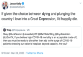 Jesse Kelly @JesseKellyDC · 23h If given the choice between dying and plunging the country I love into a Great Depression, I’d happily die. Quote Tweet  Trop @Tropopause  · 23h Okay @BuckSexton @JesseKellyDC @MattWalshBlog @lloydblankfein @LtGovTX, if you