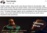 Tweet of Tom Hanks after he got quarantined with his wife for the Covid-19 Coronavirus in Australia during film shooting