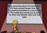 Bottom left Stop panicking about the hantavirus. It's been around longer than the coronavirus and there's a vaccine for it. The media just wants you to panic for their own benefit. Also look top right. You're awesome! Stay safe!
