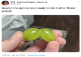 EGS | American Dragon: Jaden Loo @MU_STB Quarantine got me bout ready to risk it all on these grapes 3:48 PM · Mar 23, 2020 · Twitter for Android